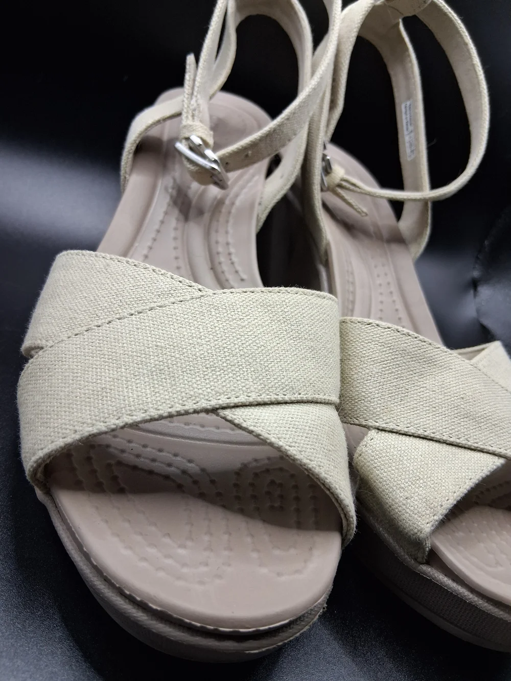 CROCS Cream Canvas Wedge Sandals with Ankle Strap - Picture 9 of 11